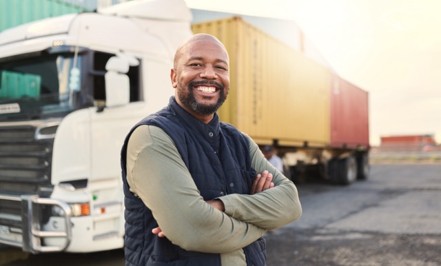 Delivery, container and happy truck driver moving industry cargo and freight at a shipping supply c.